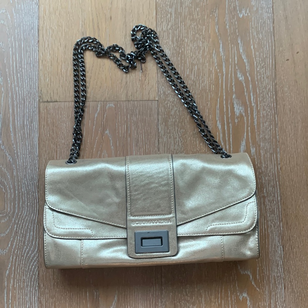BCBGMaxAzria Gold Metallic Shoulder Flap Bag with chain strap
